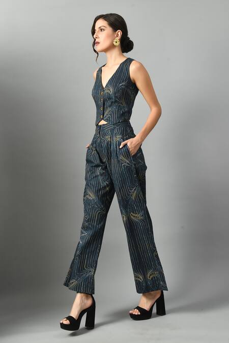 Fishcanfly_Blue Linen Printed Wave V Neck Wondersea Waistcoat And Trouser Set _at_Aza_Fashions