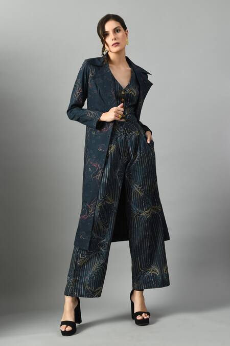 Fishcanfly_Blue Linen Printed Abstract Floral Trenchcoat Collar Alice In Wondersea Set _Online_at_Aza_Fashions