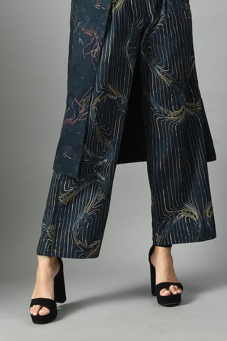 Buy_Fishcanfly_Blue Linen Printed Abstract Floral Trenchcoat Collar Alice In Wondersea Set _Online_at_Aza_Fashions