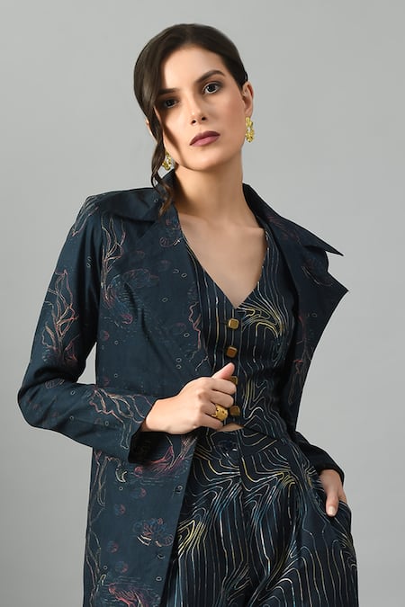 Shop_Fishcanfly_Blue Linen Printed Abstract Floral Trenchcoat Collar Alice In Wondersea Set _Online_at_Aza_Fashions