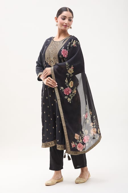Samyukta Singhania Black Denim, Satin, Chiffon Sequins, Zardozi Embellished Kurta Pant Set Online at Aza Fashions Samyukta Singhania_Black Denim, Satin, Chiffon Sequins, Zardozi Embellished Kurta Pant Set _Online_at_Aza_Fashions
