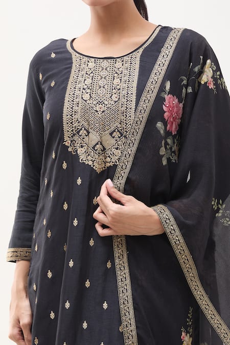 Buy Samyukta Singhania Black Denim, Satin, Chiffon Sequins, Zardozi Embellished Kurta Pant Set Online at Aza Fashions Buy_Samyukta Singhania_Black Denim, Satin, Chiffon Sequins, Zardozi Embellished Kurta Pant Set _Online_at_Aza_Fashions