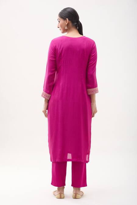 Shop Samyukta Singhania Magenta Muslin, Satin Sequins Round Neck Paisley Yoke Pattern Kurta Pant Set at Aza Fashions Shop_Samyukta Singhania_Magenta Muslin, Satin Sequins Round Neck Paisley Yoke Pattern Kurta Pant Set_at_Aza_Fashions