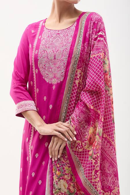 Buy Samyukta Singhania Magenta Muslin, Satin Sequins Round Neck Paisley Yoke Pattern Kurta Pant Set Online at Aza Fashions Buy_Samyukta Singhania_Magenta Muslin, Satin Sequins Round Neck Paisley Yoke Pattern Kurta Pant Set_Online_at_Aza_Fashions