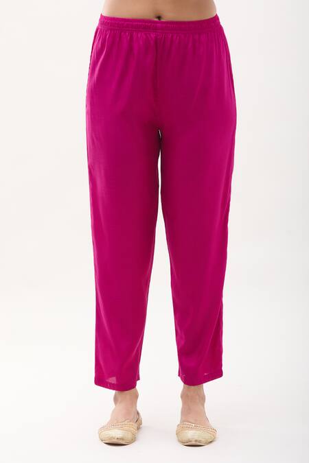 Shop Samyukta Singhania Magenta Muslin, Satin Sequins Round Neck Paisley Yoke Pattern Kurta Pant Set Online at Aza Fashions Shop_Samyukta Singhania_Magenta Muslin, Satin Sequins Round Neck Paisley Yoke Pattern Kurta Pant Set_Online_at_Aza_Fashions