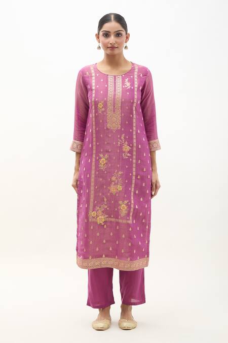 Samyukta Singhania_Pink Tissue, Silk, Organza Sequins, Zari, Floral Bloom Pattern Kurta Pant Set_Online_at_Aza_Fashions