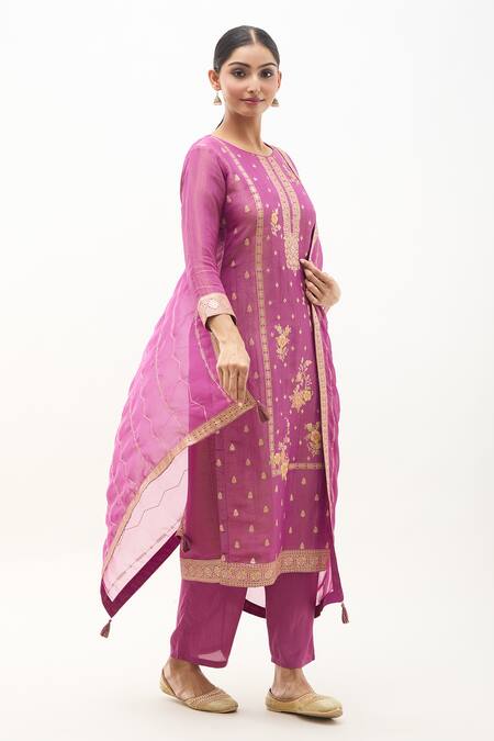 Buy_Samyukta Singhania_Pink Tissue, Silk, Organza Sequins, Zari, Floral Bloom Pattern Kurta Pant Set_Online_at_Aza_Fashions