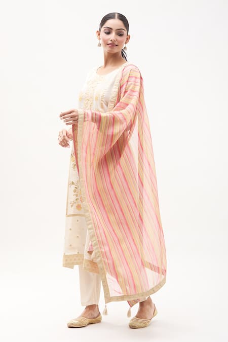 Buy_Samyukta Singhania_Cream Tissue, Silk, Organza, Satin Flower Bloom Pattern Kurta Pant Set_Online_at_Aza_Fashions