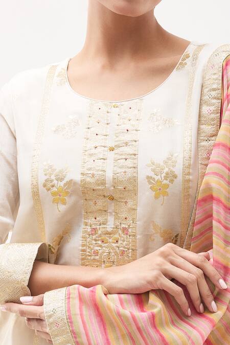 Shop_Samyukta Singhania_Cream Tissue, Silk, Organza, Satin Flower Bloom Pattern Kurta Pant Set_Online_at_Aza_Fashions