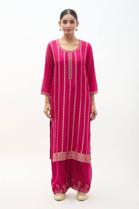 Samyukta Singhania_Pink Denim, Silk, Satin, Chiffon Zari, Cut Work, Jacquard Panel Kurta Pant Set_Online_at_Aza_Fashions