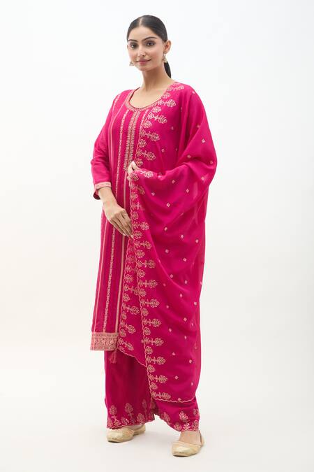 Buy_Samyukta Singhania_Pink Denim, Silk, Satin, Chiffon Zari, Cut Work, Jacquard Panel Kurta Pant Set_Online_at_Aza_Fashions
