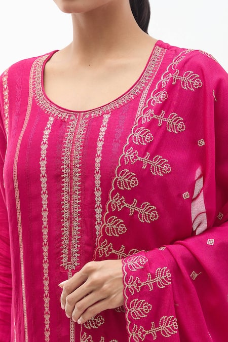 Shop_Samyukta Singhania_Pink Denim, Silk, Satin, Chiffon Zari, Cut Work, Jacquard Panel Kurta Pant Set_Online_at_Aza_Fashions