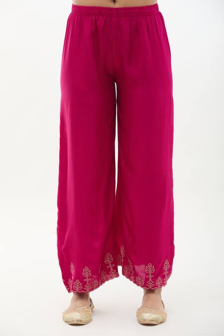 Samyukta Singhania_Pink Denim, Silk, Satin, Chiffon Zari, Cut Work, Jacquard Panel Kurta Pant Set_at_Aza_Fashions