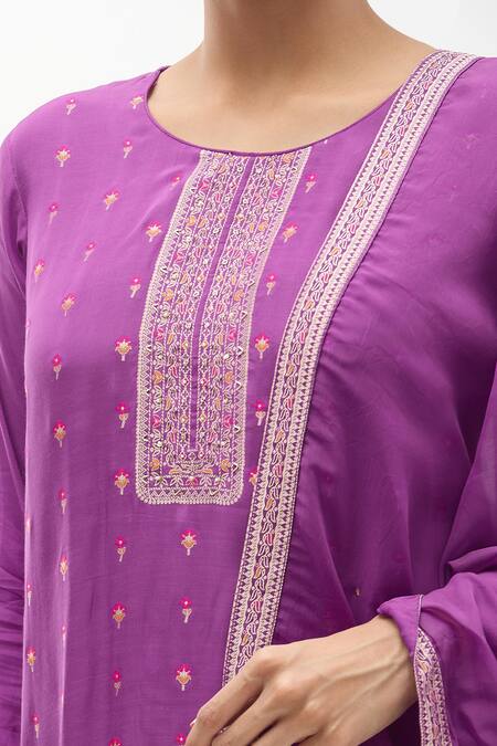 Shop_Samyukta Singhania_Purple Muslin, Organza Embroidery Round Neck Flower Butti Kurta Pant Set_Online_at_Aza_Fashions
