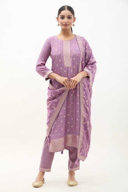 Buy_Samyukta Singhania_Purple Muslin, Satin Embroidery Round Neck Floret Butti Pattern Kurta Pant Set_Online_at_Aza_Fashions
