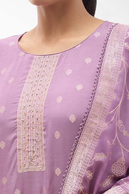 Shop_Samyukta Singhania_Purple Muslin, Satin Embroidery Round Neck Floret Butti Pattern Kurta Pant Set_Online_at_Aza_Fashions