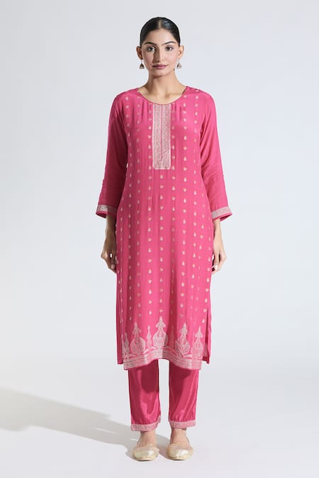 Samyukta Singhania_Pink Muslin, Satin, Organza Straight Flower Butti Pattern Kurta Pant Set_Online_at_Aza_Fashions