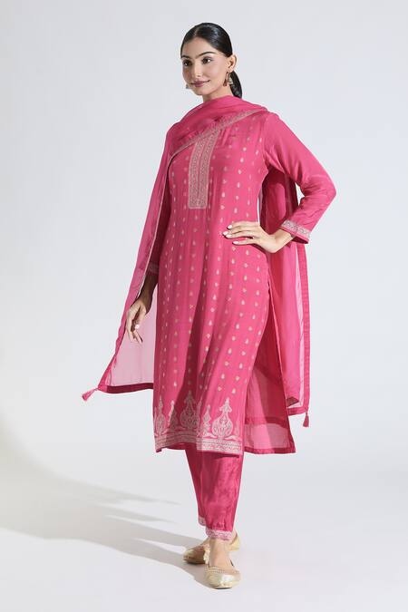 Buy_Samyukta Singhania_Pink Muslin, Satin, Organza Straight Flower Butti Pattern Kurta Pant Set_Online_at_Aza_Fashions