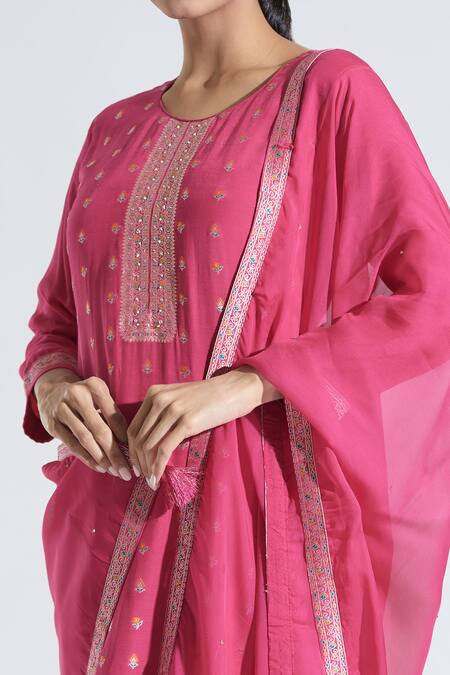 Shop_Samyukta Singhania_Pink Muslin, Satin, Organza Straight Flower Butti Pattern Kurta Pant Set_Online_at_Aza_Fashions