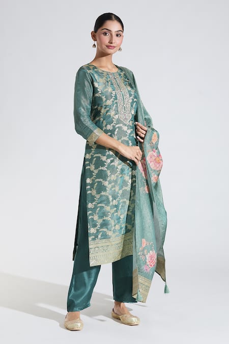 Buy_Samyukta Singhania_Green Tissue, Satin Embroidery Round Flower Jaal Pattern Straight Kurta Pant Set _Online_at_Aza_Fashions