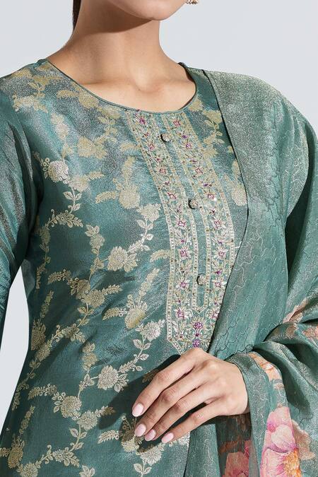 Shop_Samyukta Singhania_Green Tissue, Satin Embroidery Round Flower Jaal Pattern Straight Kurta Pant Set _Online_at_Aza_Fashions