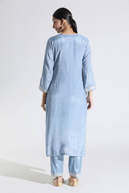 Shop Samyukta Singhania Blue Muslin, Satin Embroidery Round Straight Floret Butti Pattern Kurta Pant Set at Aza Fashions Shop_Samyukta Singhania_Blue Muslin, Satin Embroidery Round Straight Floret Butti Pattern Kurta Pant Set_at_Aza_Fashions