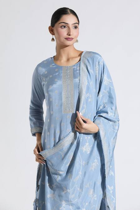 Shop Samyukta Singhania Blue Muslin, Satin Embroidery Round Straight Floret Butti Pattern Kurta Pant Set Online at Aza Fashions Shop_Samyukta Singhania_Blue Muslin, Satin Embroidery Round Straight Floret Butti Pattern Kurta Pant Set_Online_at_Aza_Fashions