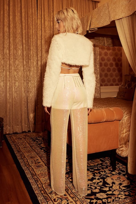 Tisharth By Shivani Fur Overlayer With Sequin Pant Set 