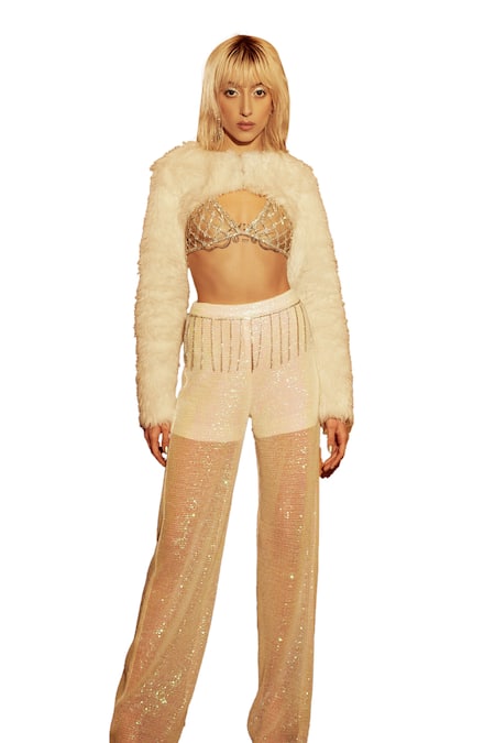 Tisharth By Shivani_White Polyester, Linen Diamonds, Sequins Crew Neck Fur Overlayer With Pant Set _Online_at_Aza_Fashions
