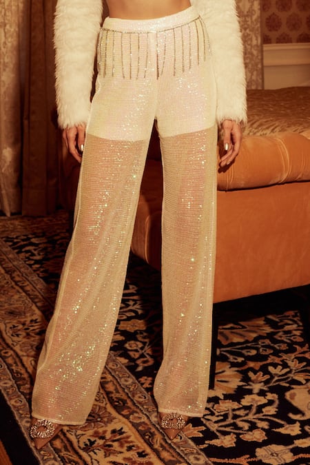 Buy_Tisharth By Shivani_White Polyester, Linen Diamonds, Sequins Crew Neck Fur Overlayer With Pant Set _Online_at_Aza_Fashions
