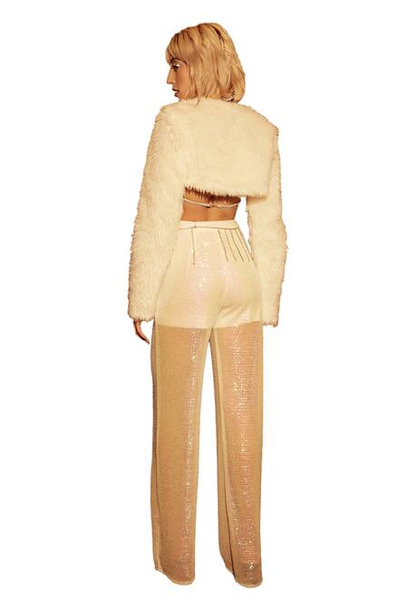 Tisharth By Shivani_White Polyester, Linen Diamonds, Sequins Crew Neck Fur Overlayer With Pant Set _at_Aza_Fashions