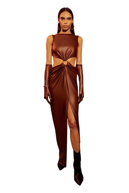 Buy_Tisharth By Shivani_Brown Polyester Crew Neck Expresso Waist Cutout Dress _Online_at_Aza_Fashions