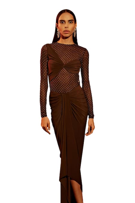 Tisharth By Shivani Brown Polyester Stones Crew Neck Embellished Bodysuit With Skirt Online at Aza Fashions Tisharth By Shivani_Brown Polyester Stones Crew Neck Embellished Bodysuit With Skirt _Online_at_Aza_Fashions