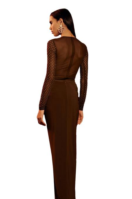 Shop Tisharth By Shivani Brown Polyester Stones Crew Neck Embellished Bodysuit With Skirt Online at Aza Fashions Shop_Tisharth By Shivani_Brown Polyester Stones Crew Neck Embellished Bodysuit With Skirt _Online_at_Aza_Fashions