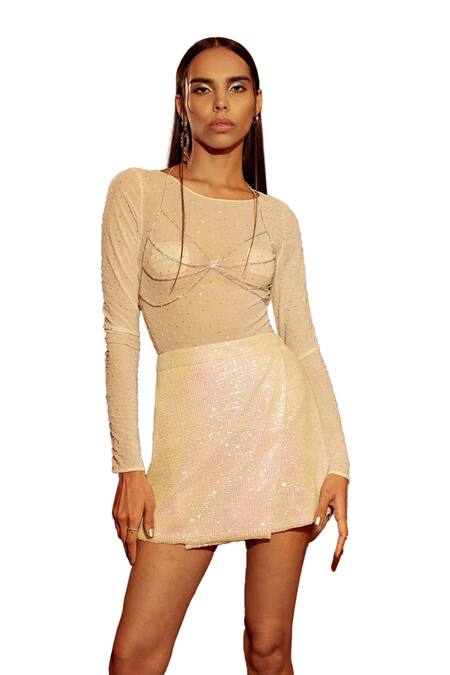 Tisharth By Shivani White Polyester, Linen Sequins Embroidered Bodysuit With Mini Skirt Online at Aza Fashions Tisharth By Shivani_White Polyester, Linen Sequins Embroidered Bodysuit With Mini Skirt _Online_at_Aza_Fashions