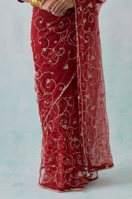 Ikshita Choudhary Red Net, Chanderi, Satin Sequins, Embroidery Floral Hand Saree With Blouse Online at Aza Fashions Ikshita Choudhary_Red Net, Chanderi, Satin Sequins, Embroidery Floral Hand Saree With Blouse _Online_at_Aza_Fashions