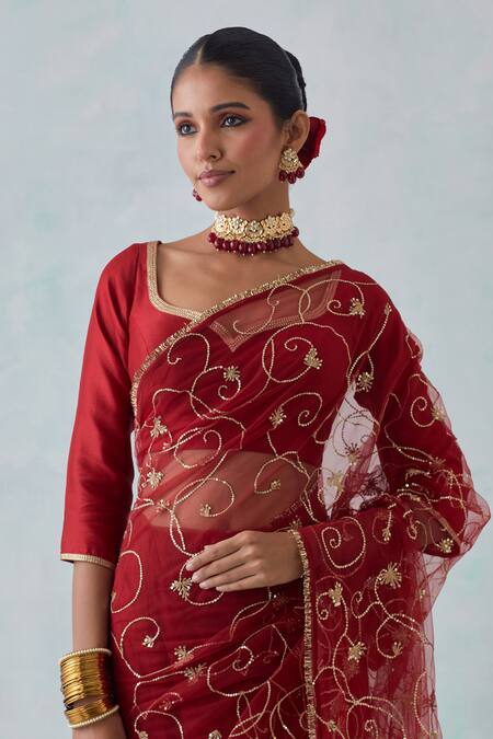 Buy Ikshita Choudhary Red Net, Chanderi, Satin Sequins, Embroidery Floral Hand Saree With Blouse Online at Aza Fashions Buy_Ikshita Choudhary_Red Net, Chanderi, Satin Sequins, Embroidery Floral Hand Saree With Blouse _Online_at_Aza_Fashions