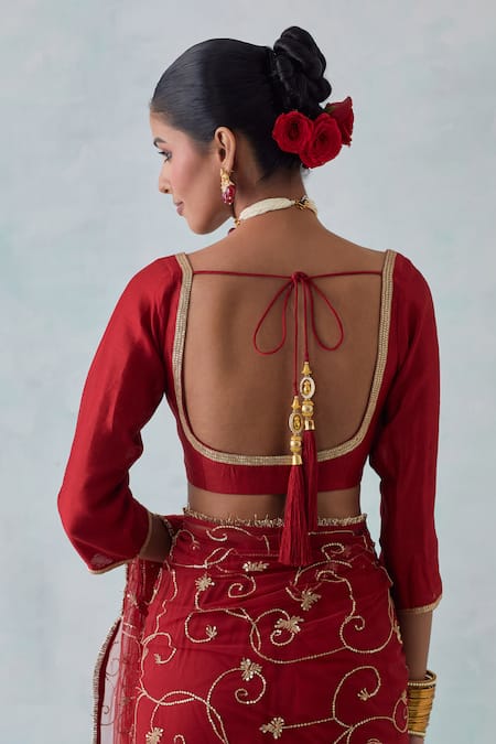 Buy Ikshita Choudhary Red Net, Chanderi, Satin Sequins, Embroidery Floral Hand Saree With Blouse Buy_Ikshita Choudhary_Red Net, Chanderi, Satin Sequins, Embroidery Floral Hand Saree With Blouse