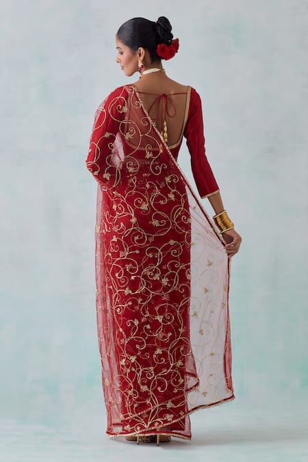 Shop Ikshita Choudhary Red Net, Chanderi, Satin Sequins, Embroidery Floral Hand Saree With Blouse at Aza Fashions Shop_Ikshita Choudhary_Red Net, Chanderi, Satin Sequins, Embroidery Floral Hand Saree With Blouse _at_Aza_Fashions