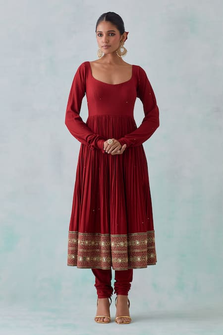 Ikshita Choudhary Red Tissue, Organza, Cotton Sequins Plunge Hand Embroidered Hem Anarkali Set Online at Aza Fashions Ikshita Choudhary_Red Tissue, Organza, Cotton Sequins Plunge Hand Embroidered Hem Anarkali Set _Online_at_Aza_Fashions