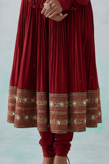 Shop Ikshita Choudhary Red Tissue, Organza, Cotton Sequins Plunge Hand Embroidered Hem Anarkali Set Online at Aza Fashions Shop_Ikshita Choudhary_Red Tissue, Organza, Cotton Sequins Plunge Hand Embroidered Hem Anarkali Set _Online_at_Aza_Fashions