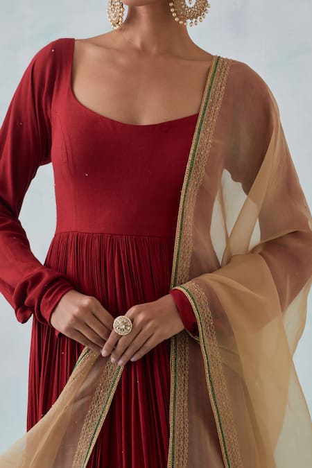 Ikshita Choudhary Red Tissue, Organza, Cotton Sequins Plunge Hand Embroidered Hem Anarkali Set at Aza Fashions Ikshita Choudhary_Red Tissue, Organza, Cotton Sequins Plunge Hand Embroidered Hem Anarkali Set _at_Aza_Fashions