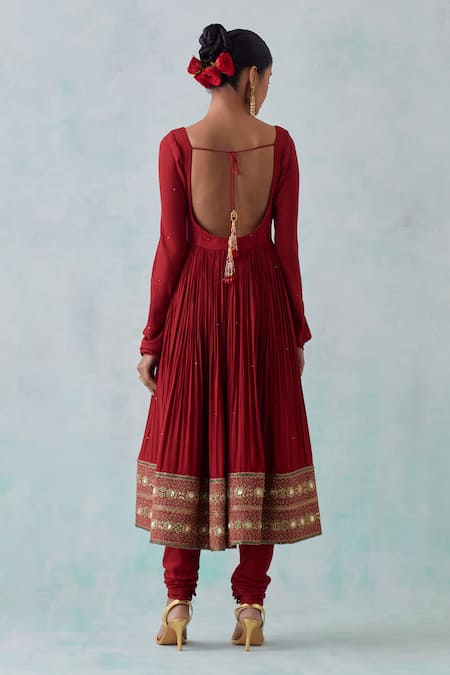 Shop Ikshita Choudhary Red Tissue, Organza, Cotton Sequins Plunge Hand Embroidered Hem Anarkali Set at Aza Fashions Shop_Ikshita Choudhary_Red Tissue, Organza, Cotton Sequins Plunge Hand Embroidered Hem Anarkali Set _at_Aza_Fashions
