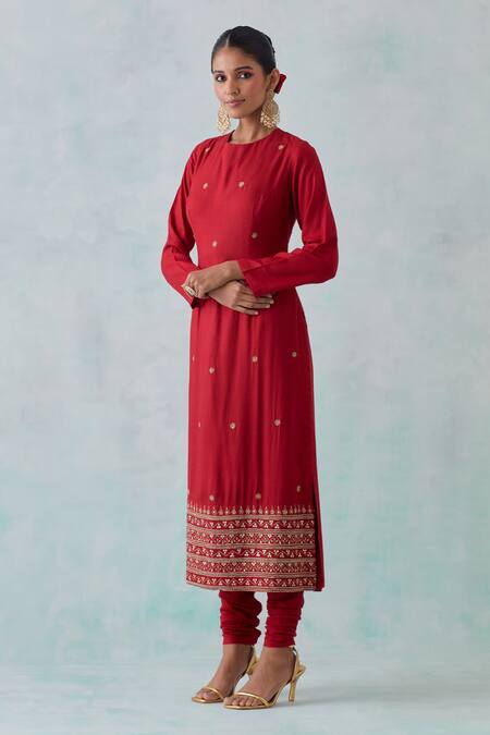 Buy_Ikshita Choudhary_Red Tissue, Cotton Embroidery, Sequins High Neck Hand Straight Kurta Set _Online_at_Aza_Fashions