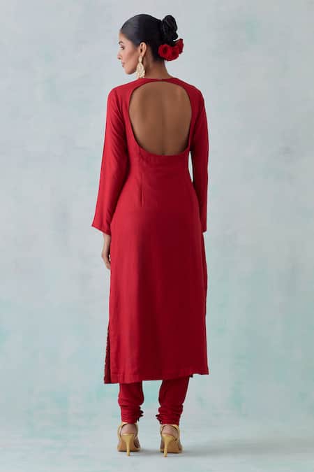 Shop_Ikshita Choudhary_Red Tissue, Cotton Embroidery, Sequins High Neck Hand Straight Kurta Set _at_Aza_Fashions