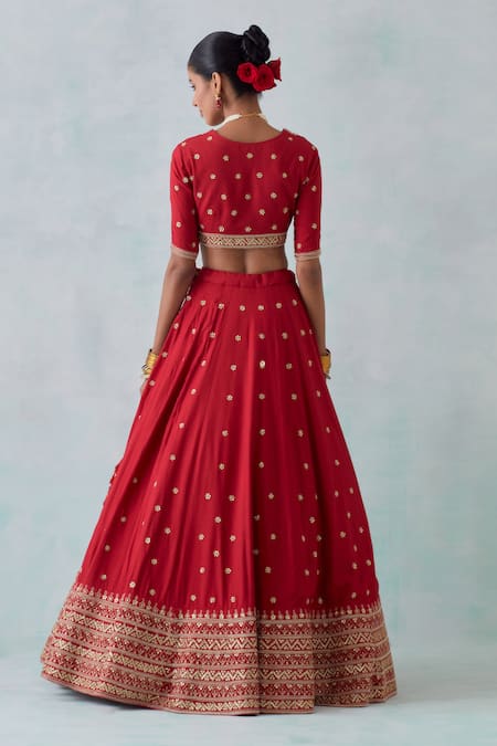 Shop_Ikshita Choudhary_Red Tissue, Organza, Cotton Sequins, Embroidery Plunge Hand Bridal Lehenga Set _at_Aza_Fashions