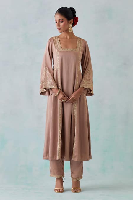 Ikshita Choudhary Beige Satin, Organza Sequins, Embroidery Square Neck Hand A-line Kurta Set Online at Aza Fashions Ikshita Choudhary_Beige Satin, Organza Sequins, Embroidery Square Neck Hand A-line Kurta Set _Online_at_Aza_Fashions