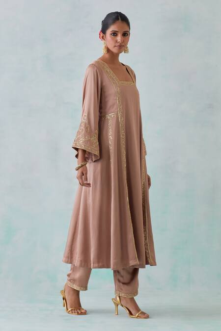 Buy Ikshita Choudhary Beige Satin, Organza Sequins, Embroidery Square Neck Hand A-line Kurta Set Online at Aza Fashions Buy_Ikshita Choudhary_Beige Satin, Organza Sequins, Embroidery Square Neck Hand A-line Kurta Set _Online_at_Aza_Fashions