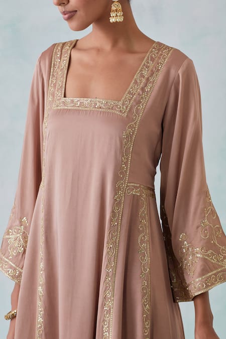 Shop Ikshita Choudhary Beige Satin, Organza Sequins, Embroidery Square Neck Hand A-line Kurta Set Online at Aza Fashions Shop_Ikshita Choudhary_Beige Satin, Organza Sequins, Embroidery Square Neck Hand A-line Kurta Set _Online_at_Aza_Fashions