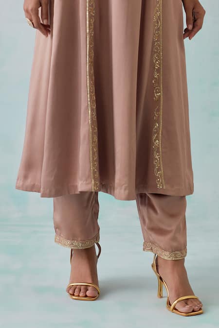 Buy Ikshita Choudhary Beige Satin, Organza Sequins, Embroidery Square Neck Hand A-line Kurta Set Buy_Ikshita Choudhary_Beige Satin, Organza Sequins, Embroidery Square Neck Hand A-line Kurta Set